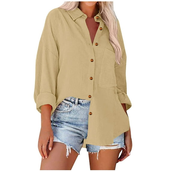 Besolor Womens Button down Fall Blouses Long Sleeve Solid Business Work Tops Casual Loose Fit Shirts with Pocket