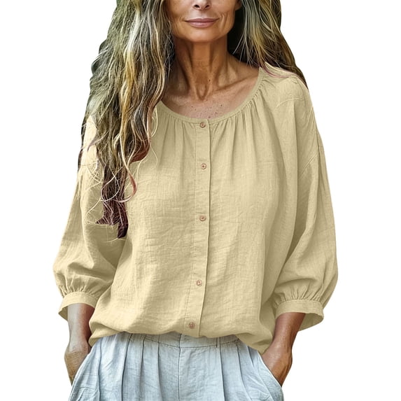 Besolor Womens Button down Shirts Summer Crew Neck 3/4 Sleeve Tops Cotton Linen Casual Loose Breathable Shirt Top