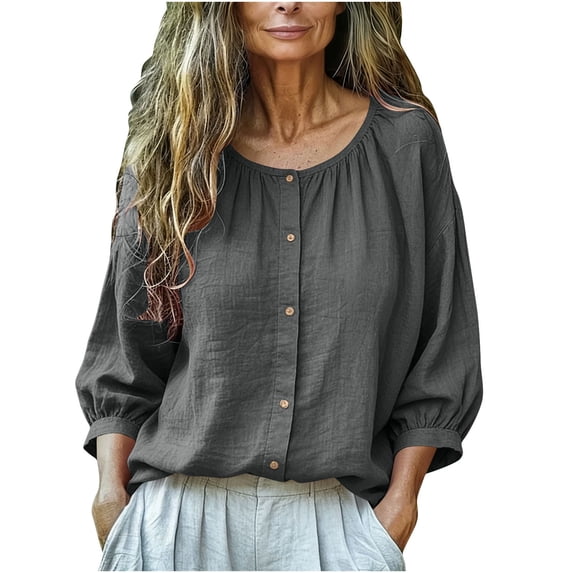 Besolor Womens Button down Shirts Summer Crew Neck 3/4 Sleeve Tops Cotton Linen Casual Loose Breathable Shirt Top