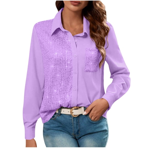 Besolor Womens Button down Shirts Trendy Sequins Splicing Collared Long Sleeve Tops Club Going out Dressy Blouse