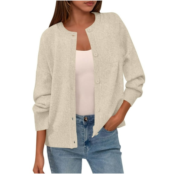 Besolor Womens Button up Cardigan Sweaters Long Sleeve Crew Neck Lightweight Knit Tops Loose Fall Jacket