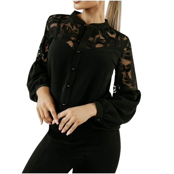 Besolor Womens Buttton down Shirts Trendy Floral Lace Splicing Long Sleeve Tops Casual Elegent Ladies Going out Blouses