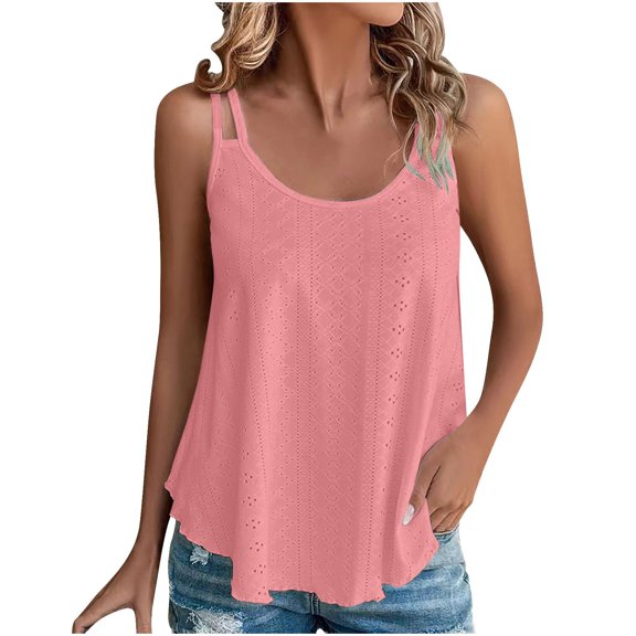 Besolor Womens Cami Tank Tops Casual Crewneck Eyelet Spaghetti Strap Camisoles Summer Sleeveless Going out Tee Shirts