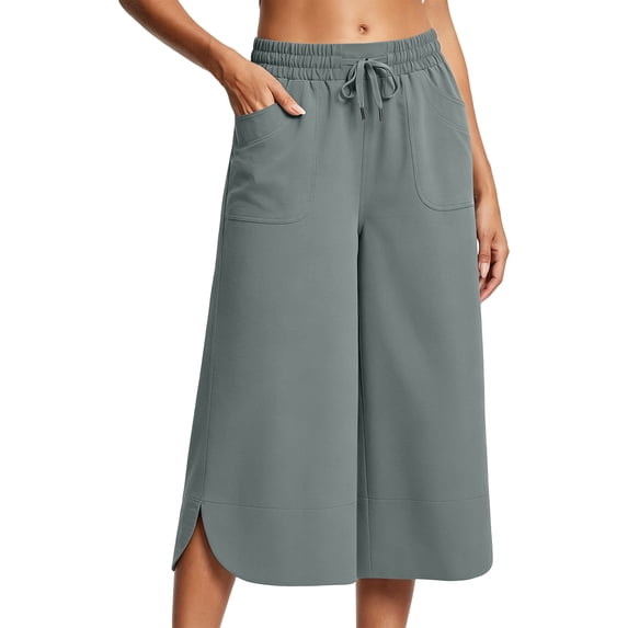 Besolor Womens Capris Elastic Drawstring High Waisted Wide Leg Split Hem Casual Loose Comfy Workout Yoga Capri Pants with Pockets
