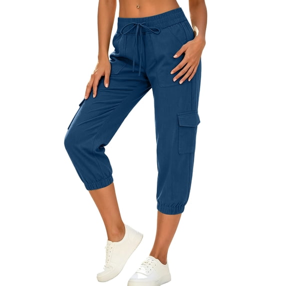 Besolor Womens Cargo Capris Elastic High Waist Drawstring Lightweight Casual Loose Workout Hiking Cropped Trousers with Multi Pockets