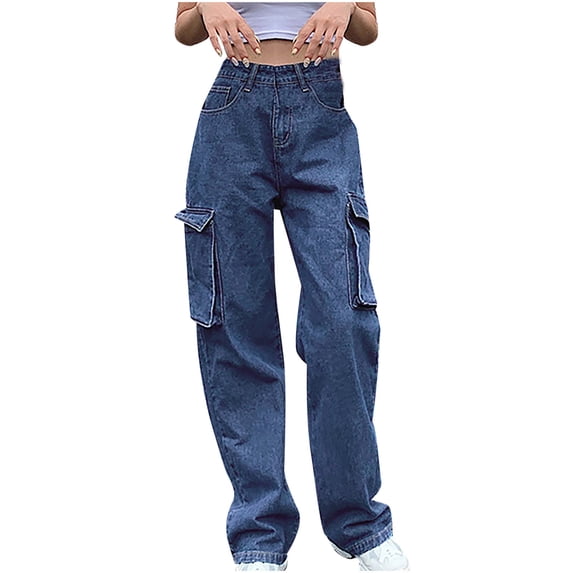 Besolor Womens Cargo Denim Pants Trendy High Waisted Straight Leg Jeans Casual Loose Distressed Girls Lounge Trousers