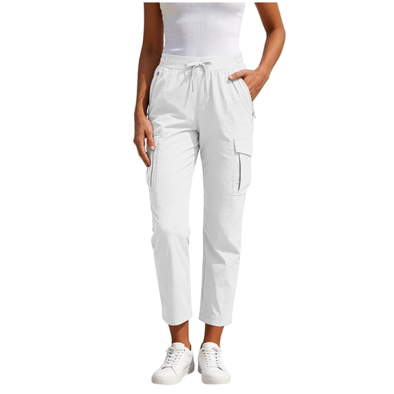Besolor Womens Cargo Pants Drawstring High Waist Casual Loose Workout Hiking Straight Leg Cropped Pant with Multi Pockets(X-Large,White)