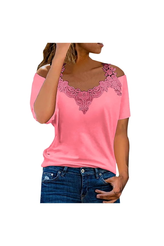 Womens Cold Shoulder Tunic Tops Floral Lace Patchwork Short Sleeve Summer Tops Casual Plus Size Dressy Blouse