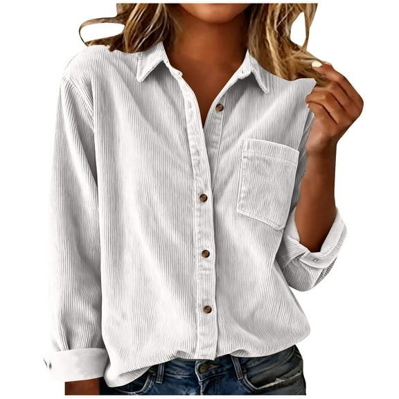 Besolor Womens Corduroy Button down Shirts Lapel Long Sleeve Tops Casual Loose Fall Jacket with Pocket