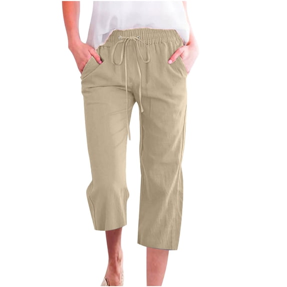 Besolor Womens Cotton Linen Capri Pants Elastic Waist Drawstring Straight Leg Pants Casual Loose Lounge Trousers with Pockets