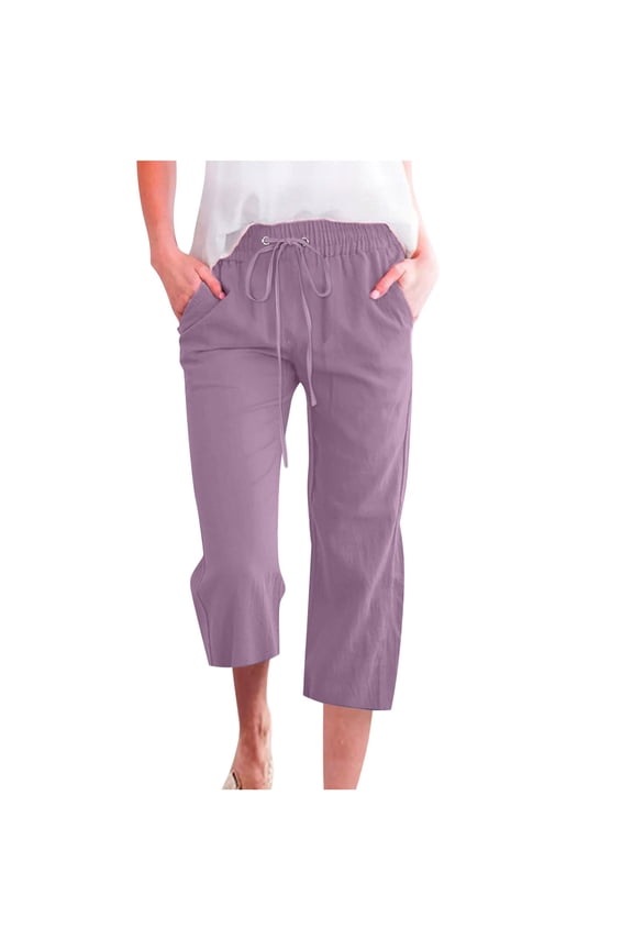 Womens Cotton Linen Capri Pants Elastic Waist Drawstring Straight Leg Pants Casual Loose Loungewear Trousers with Pockets