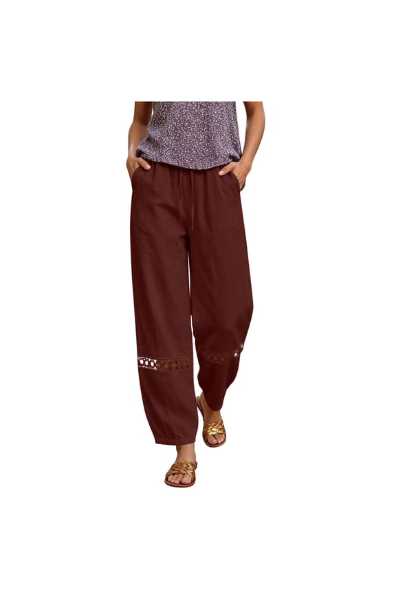 Womens Cotton Linen Pants Elastic Waisted Drawstring Wide Leg Hollow out Patchwork Lightweight Casual Trousers with Pockets