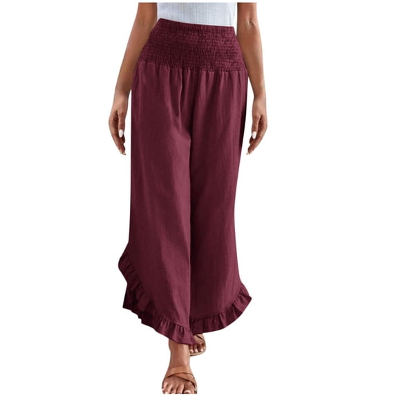 Besolor Womens Cotton Linen Pants Summer Smocked Waist Ruffle Hem Wide Leg Pants Boho Flowy Beach Vacation Pants