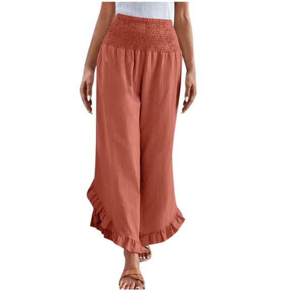 Besolor Womens Cotton Linen Pants Summer Smocked Waist Ruffle Hem Wide Leg Pants Boho Flowy Beach Vacation Pants