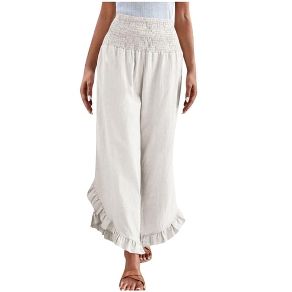 Besolor Womens Cotton Linen Pants Summer Smocked Waist Ruffle Hem Wide Leg Pants Boho Flowy Beach Vacation Pants