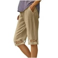 thumbnail image 1 of Besolor Womens Cotton Linen Shorts Wide Leg Hollow out Patchwork Elastic Waist Lightweight Breathable Summer Knee Length Shorts, 1 of 5