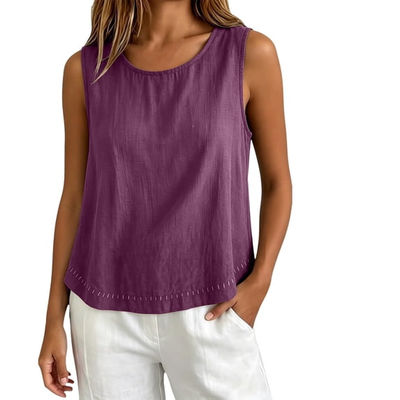 Besolor Womens Cotton Linen Tank Tops Summer Crewneck Sleeveless Shirts Casual Loose Lightweight Breathable Basic Tees Camis(LargePurple)