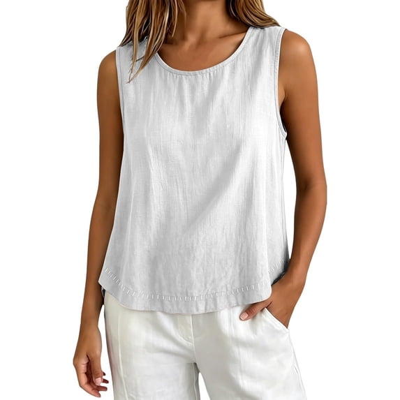 Besolor Womens Cotton Linen Tank Tops Summer Crewneck Sleeveless Shirts Casual Loose Lightweight Breathable Basic Tees Camis(LargeWhite)