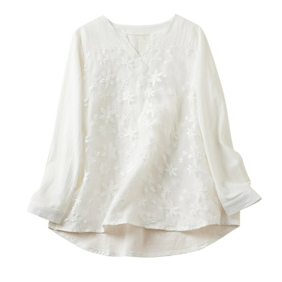 Besolor Womens Cotton Linen Tops Vintage Floral Embroidere V Neck Long Sleeve Plus Size Shirts Casual Boho Blouse