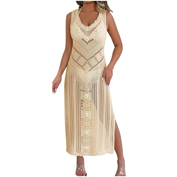 Besolor Womens Crochet Maxi Dress Sleeveless Flower Knit Hollow out Long Dresses Beach Bathing Suit Cover up Swimwear