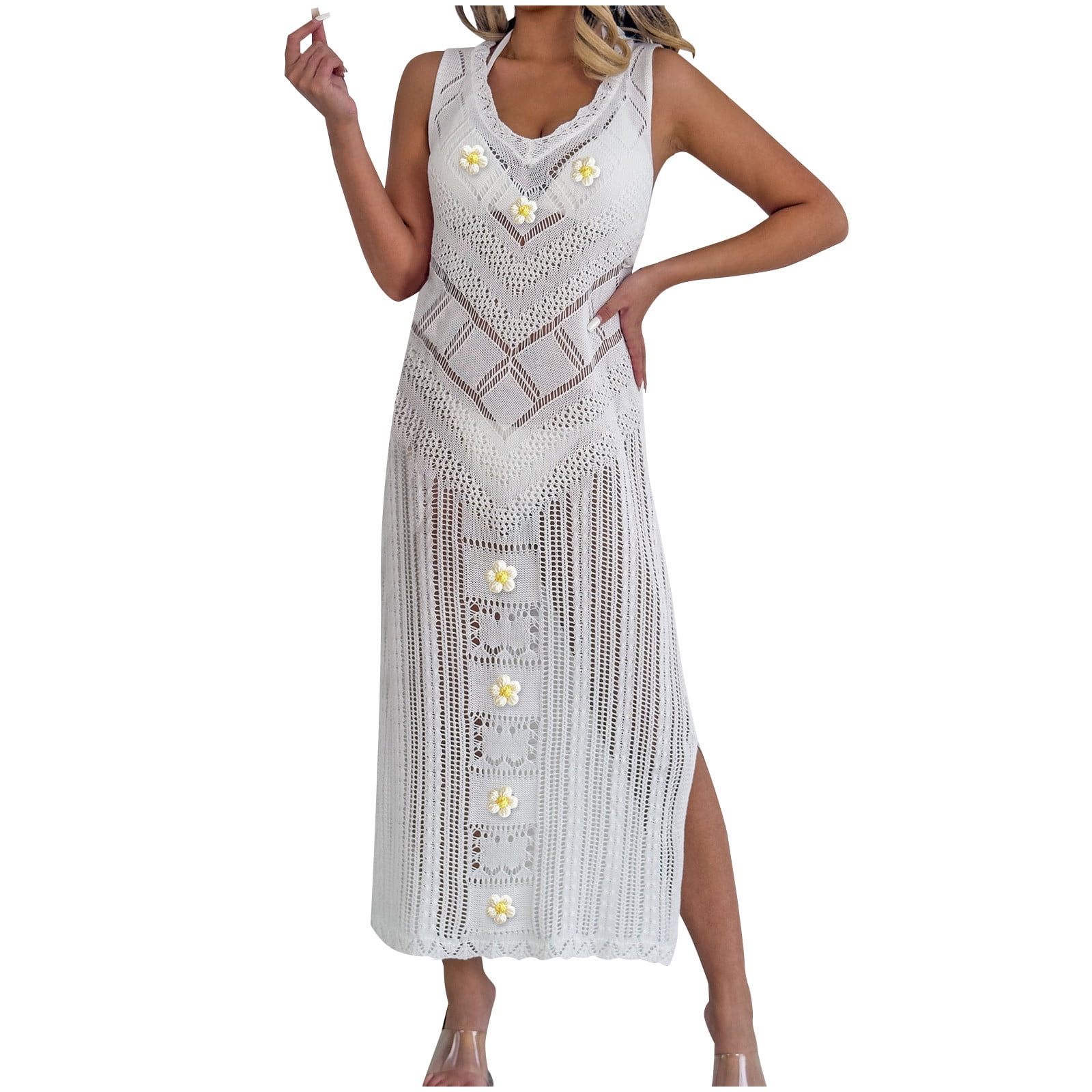 Besolor Womens Crochet Maxi Dress Sleeveless Flower Knit Hollow out Long Dresses Beach Bathing Suit Cover up Swimwear