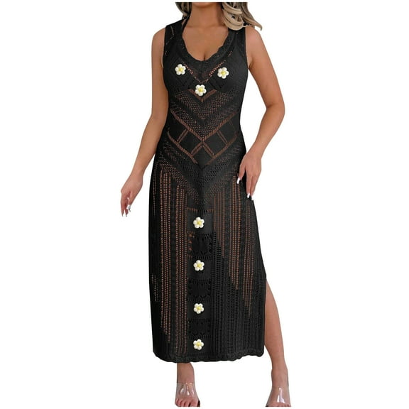 Besolor Womens Crochet Maxi Dress Sleeveless Flower Knit Hollow out Long Dresses Beach Bathing Suit Cover up Swimwear