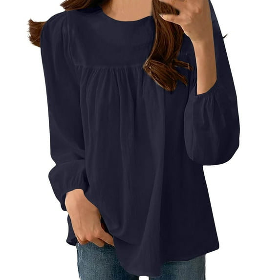 Besolor Womens Cute Tops Dressy Long Sleeve Plain Tunic Shirts Casual Loose Crewneck Babydoll Work Blouses
