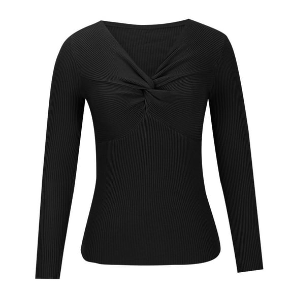 Besolor Womens Fall Clothes Sweaters Ribbed Knit Long Sleeve V Neck Twisted Knot Slim Fitted Solid Basic Tops