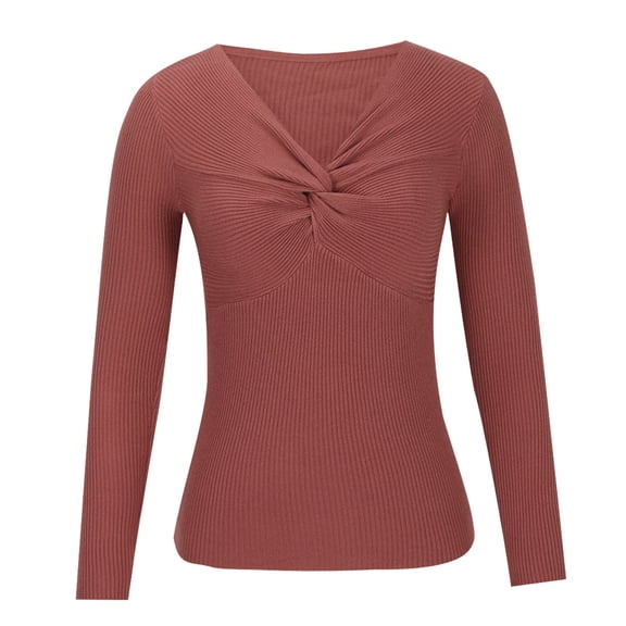 Besolor Womens Fall Clothes Sweaters Ribbed Knit Long Sleeve V Neck Twisted Knot Slim Fitted Solid Basic Tops
