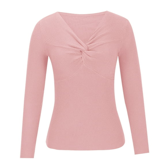 Besolor Womens Fall Clothes Sweaters Ribbed Knit Long Sleeve V Neck Twisted Knot Slim Fitted Solid Basic Tops