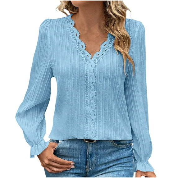 Besolor Womens Fall Spring Tunic Tops V Neck Lace Trim Long Sleeve Shirts Casual Elegent Going out Blouse Tee