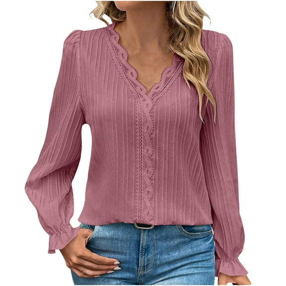 Besolor Womens Fall Spring Tunic Tops V Neck Lace Trim Long Sleeve Shirts Casual Elegent Going out Blouse Tee