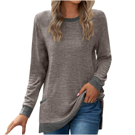 Besolor Womens Fall Spring Tunic Tops Color Match Crewneck Long Sleeve Shirts Casual Loose Trendy Pullover Blouse