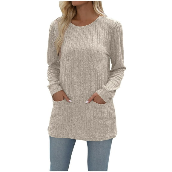 Besolor Womens Fall Sweaters Long Sleeve Tunic Tops Lightweight Casual Crewneck Pullover Blouse with Pockets