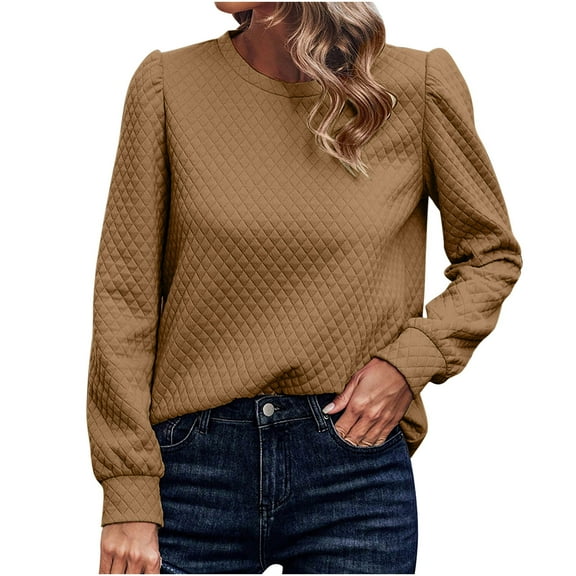 Besolor Womens Fall Tunic Tops Round Neck Long Sleeve Basic Shirt Casual Loose Solid Color Pullover Blouse