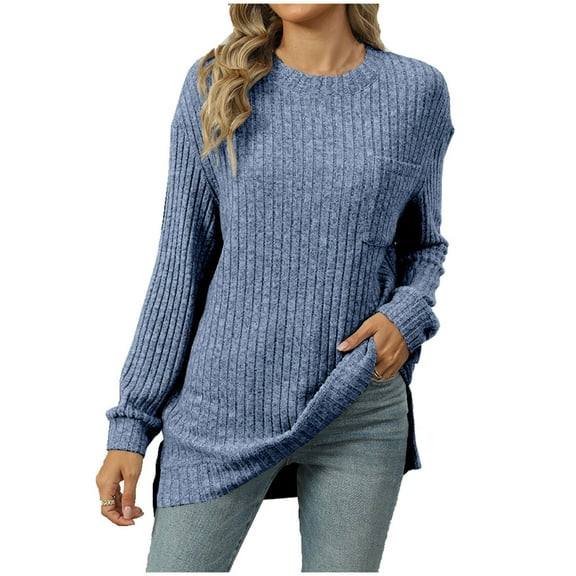 Besolor Womens Fall Tunic Tops Trendy Round Neck Long Sleeve Shirts Casual Side Split Lightweight Sweaters Pocket