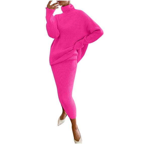 Besolor Womens Fall Two Piece Outfits Ribbed Knit Turtleneck Long Sleeve Pullover Sweaters and Midi Skirt Sets Plus Size