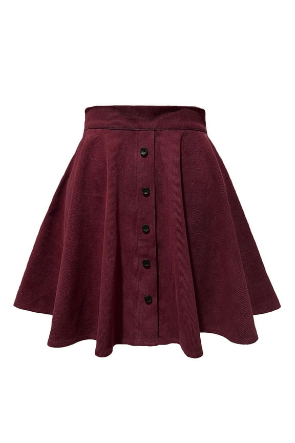 Womens Fall Winter Corduroy Skirt Vintage High Waisted Buttton Front Flare A-Line Skater Mini Skirts