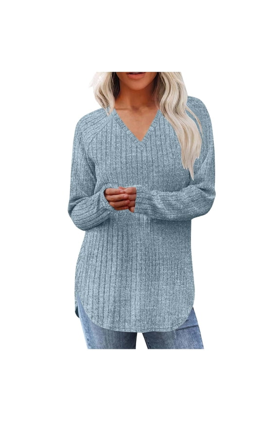 Womens Fall Winter Knit Sweaters Casual Long Sleeve V Neck Pullover Knitwear Side Slit Dressy Tops Blouses