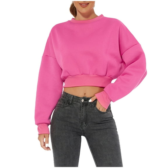 Besolor Womens Fleece Cropped Sweatshirts Casual Crewneck Long Sleeve Solid Color Pullover Fall Winter Tops Blouse