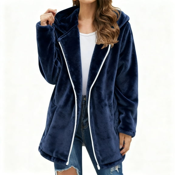 Besolor Womens Fleece Zip up Jacket Fuzzy Warm Winter Oversized Hooded Long Coat Outerwear with Pockets