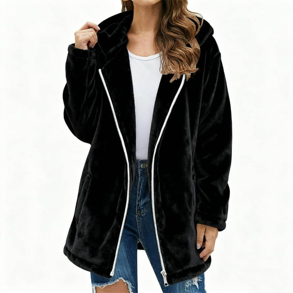 Besolor Womens Fleece Zip up Jacket Fuzzy Warm Winter Oversized Hooded Long Coat Outerwear with Pockets