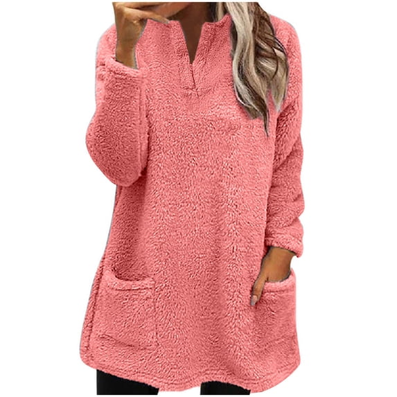 Besolor Womens Fuzzy Sherpa Fleece Sweaters Casual V Neck Sweatshirt Pullover Loose Cozy Winter Loungewear with Pockets