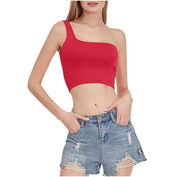 Besolor Womens Going out Tank Crop Tops Sleeveless One-Shoulder Basic Shirts Slim Fitted Camisoles Summer Fashion Clothes