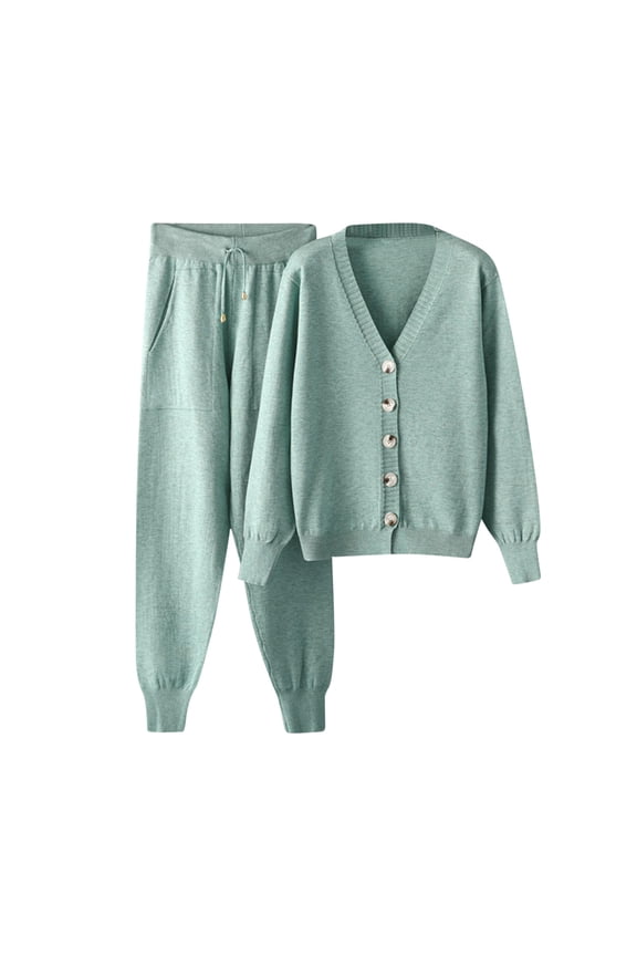 Womens Knit 2 Piece Sweater Sets Button down Open Front Cardigan and High Waist Pants Lounge Sets Fall Tracksuit