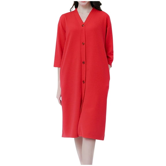 Besolor Womens Knit Robes V Neck 3/4 Sleeve Button down Knee Length Bathrobe Sleepwear Nightdress with Pockets Red