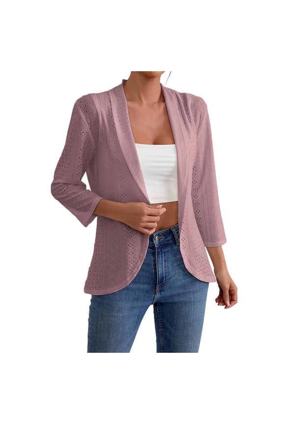 Womens Lightweight Cardigan Casual 3/4 Sleeve Open Front Eyelet Hollowed-Out Cardigans Fall Clothes