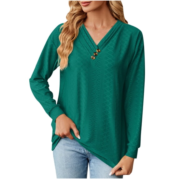Besolor Womens Long Sleeve Blouses Fall Casual Loose Fit T-Shirts V Neck Button Decor Solid Color Comfy Tunic Tops