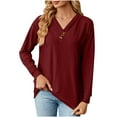 thumbnail image 1 of Besolor Womens Long Sleeve Blouses Fall Casual Loose Fit T-Shirts V Neck Button Decor Solid Color Comfy Tunic Tops, 1 of 7