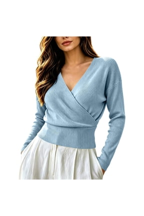 Womens Long Sleeve Tops Fall Knitted Sweaters Wrap V Neck Loose Fitted Dressy Blouses Pullover Sweater Shirt(Large,Sky Blue)